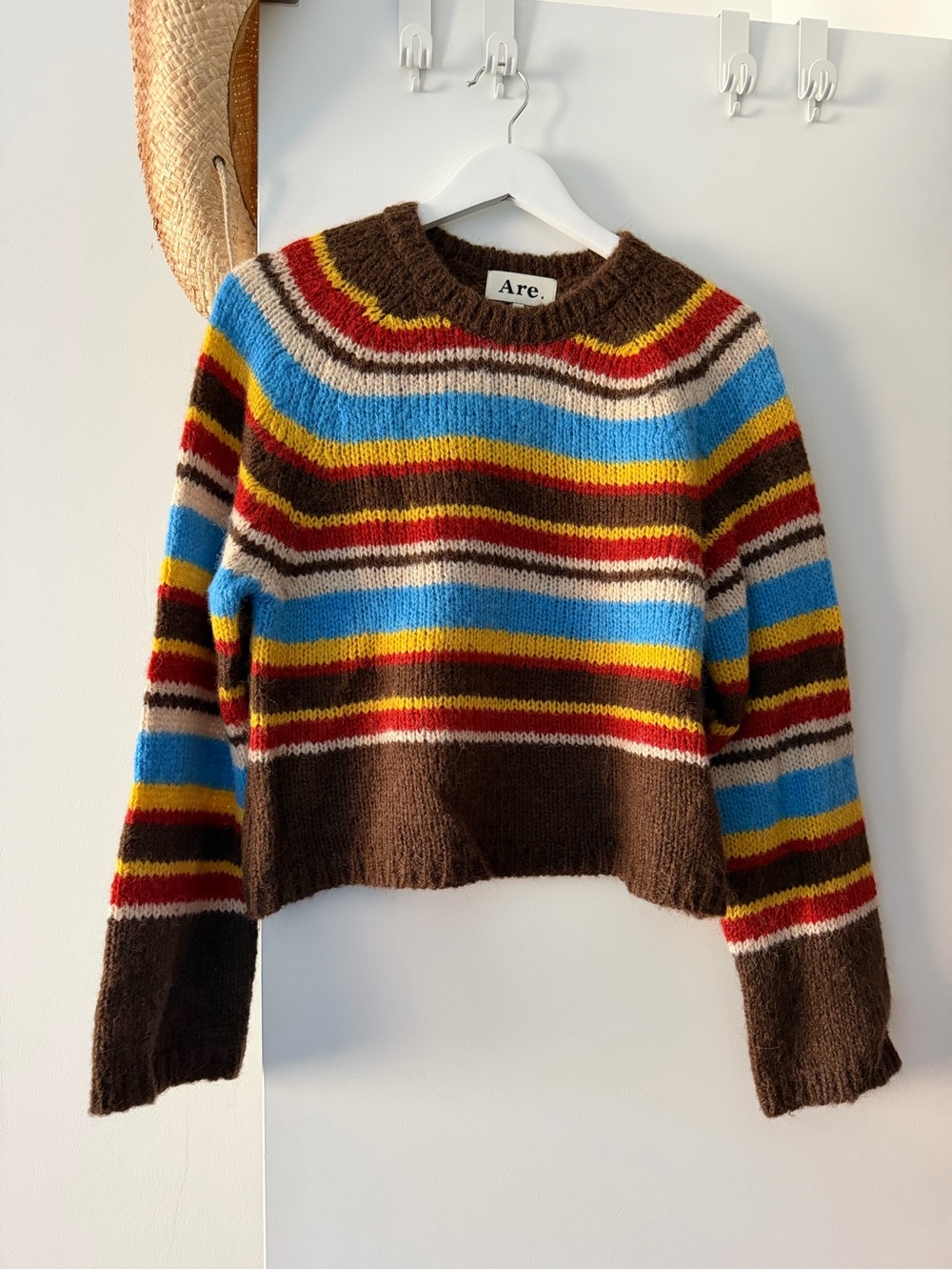 Striped Crewneck Sweater in Brown with Blue & Red Accents